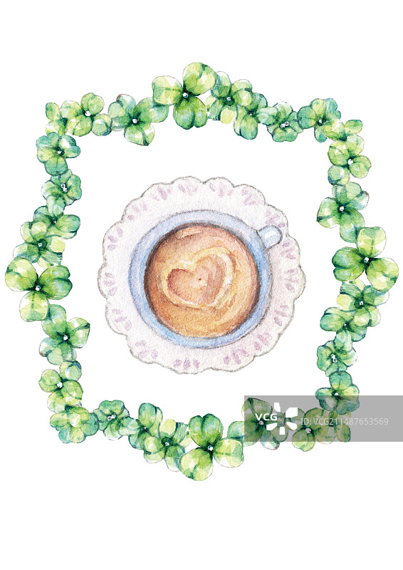 正上方白色背景下绿色植物的食物咖啡热饮品照片插画图片素材