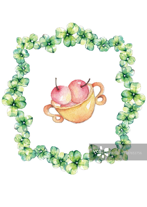 白色背景上的水果和树叶的高角度视图插画装饰框图片素材