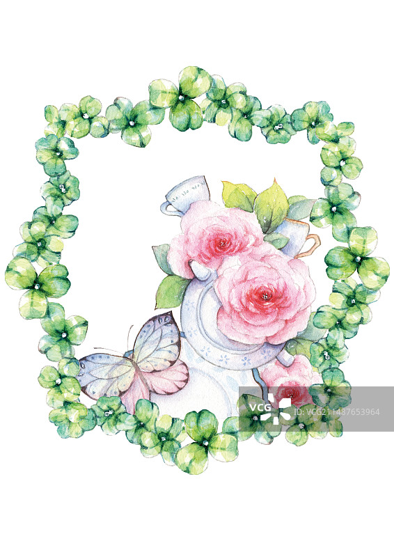 白色背景下的花朵蝴蝶特写茶杯茶具喝茶下午茶咖啡茶话会镜头插画图片素材