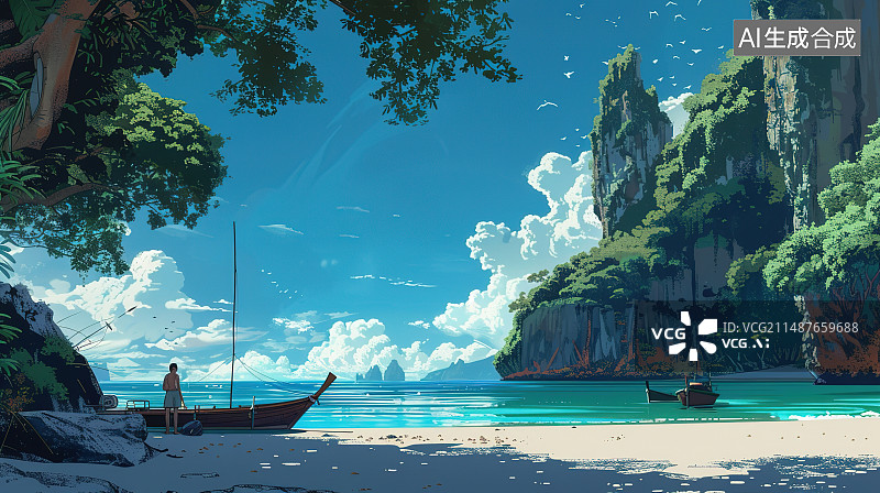 【AI数字艺术】海滩上的人在天空中的全景图片素材