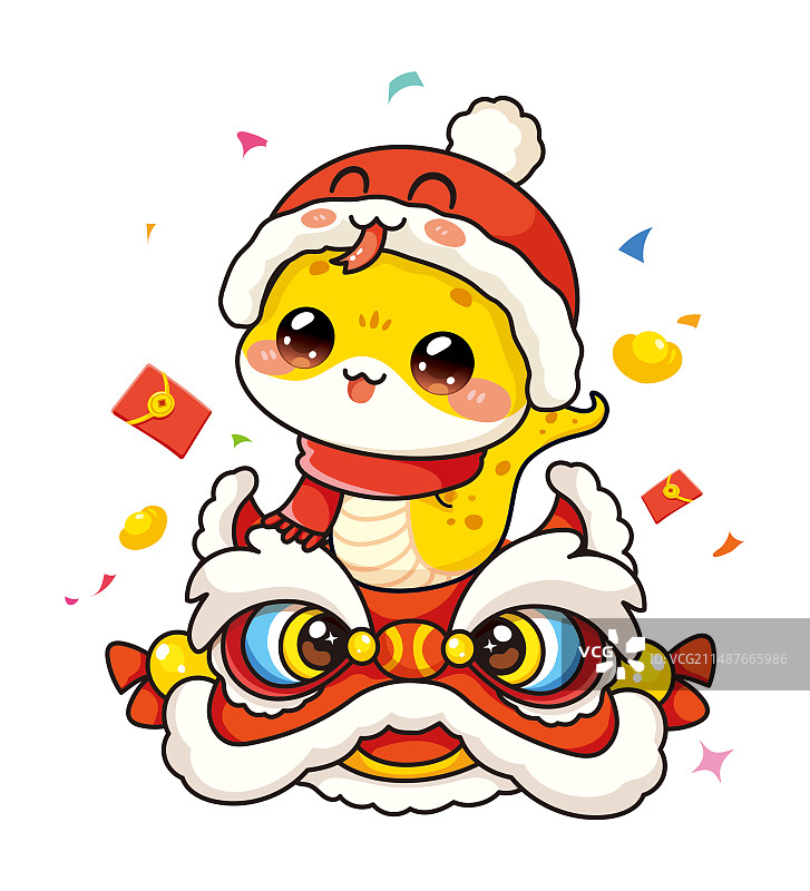 蛇年Q版可爱小蛇之新年舞狮瑞兽呈祥大吉大利图片素材