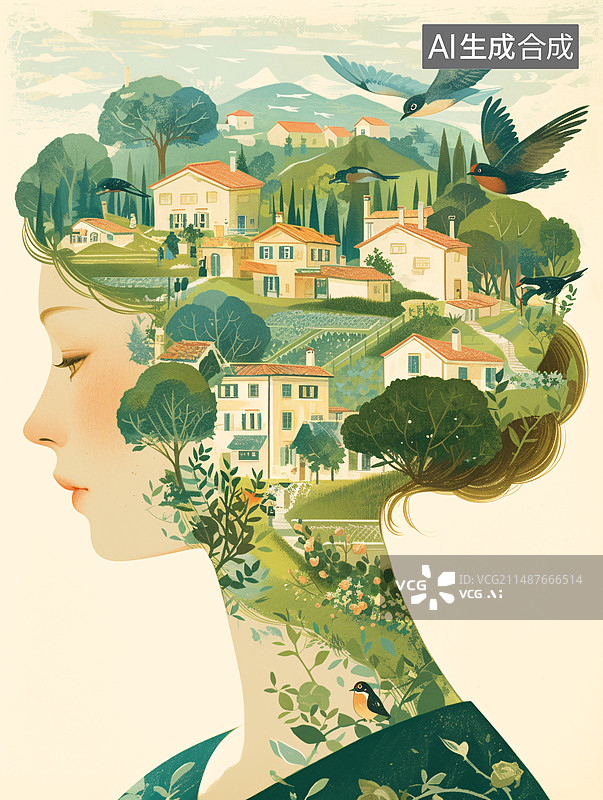 【AI数字艺术】春天春姑娘乡村城市融合插画图片素材