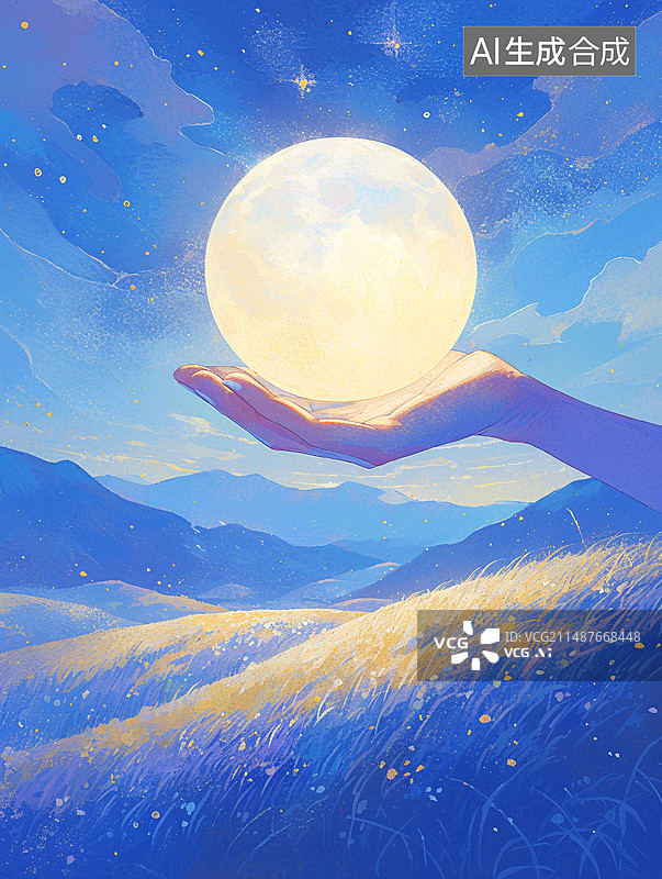 【AI数字艺术】唯美蓝色背景手月亮中秋节花海图片素材