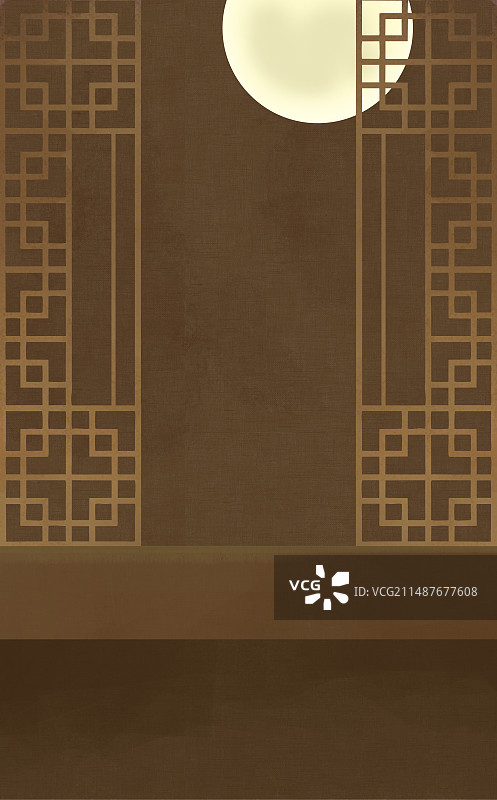 古风新中式场景插画，夜晚，月亮月光月色，窗户与墙棕色褐色纹理插画背景。图片素材