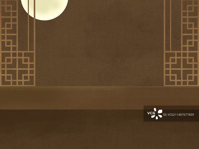 古风新中式场景插画，夜晚，月亮月光月色，窗户与墙棕色褐色纹理插画背景。图片素材