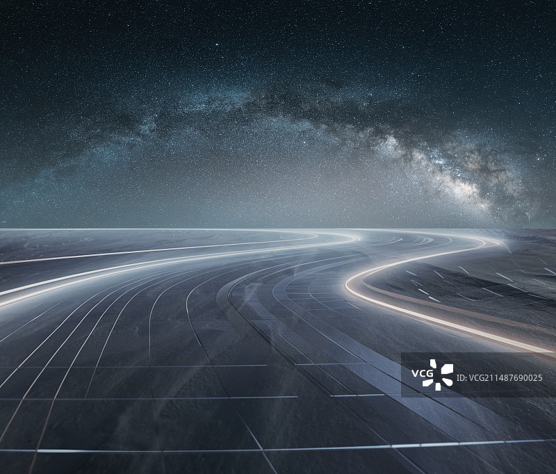 蓝色星空下的科技道路与未来科技概念，蓝色背景，星空背景，星空，发光背景图片素材