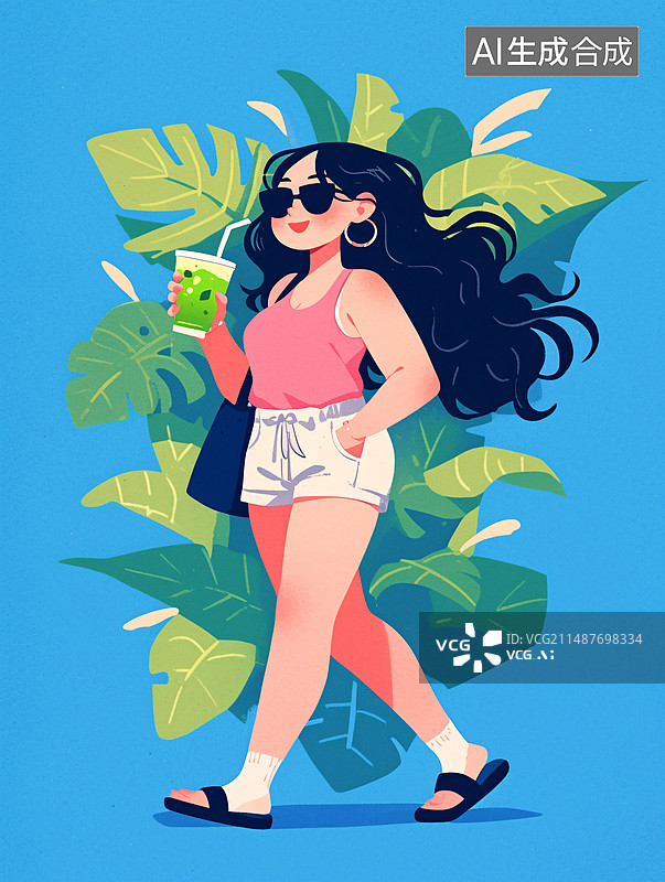 【AI数字艺术】夏天一个正在喝奶茶的女孩图片素材