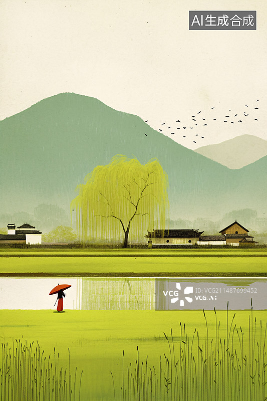 【AI数字艺术】春天绿色主题插画垂柳草地图片素材
