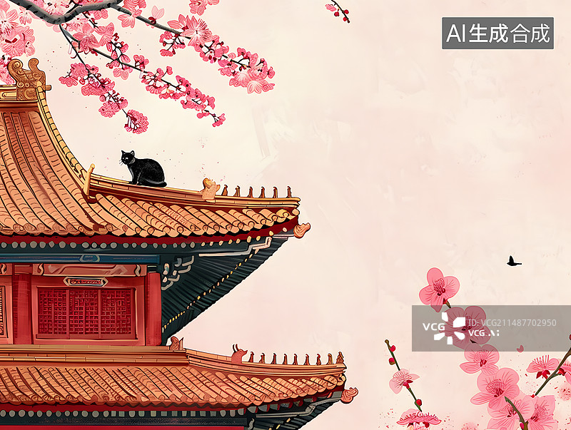 【AI数字艺术】猫和中式建筑春季场景图片素材
