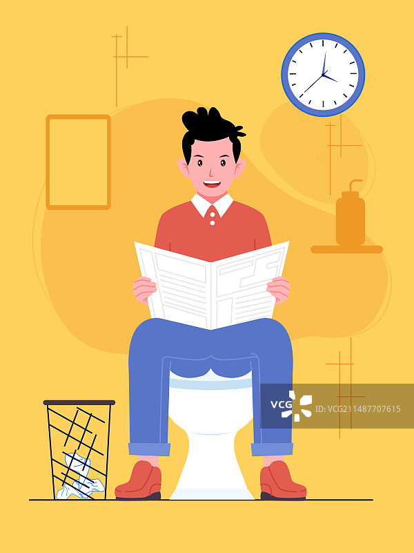 一个男生坐在马桶上看报纸矢量插画图片素材