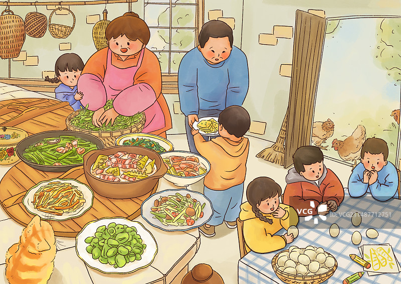 春天春季春分立蛋农村生活家庭聚餐厨房吃饭童年图片素材