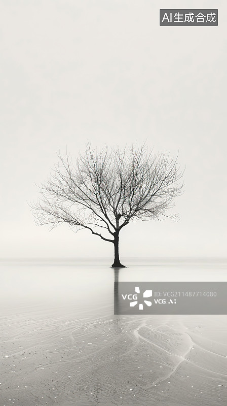 【AI数字艺术】湖边的树在天空的衬托下剪影图片素材