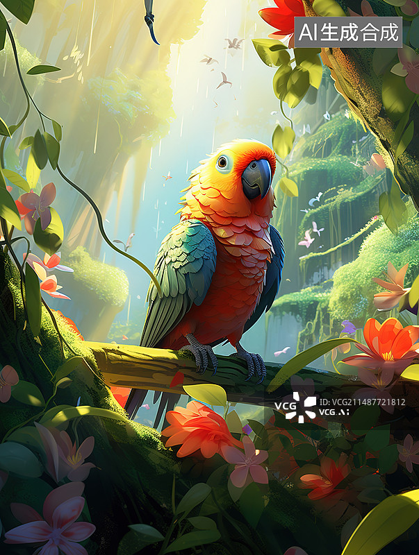 【AI数字艺术】鹦鹉栖息在树枝上的特写镜头图片素材