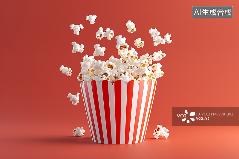 【AI数字艺术】纯色背景上有美味爆米花的桶，休闲娱乐场景插图图片素材