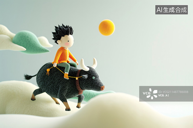【AI数字艺术】春天野外放牛的牧童插画，清明节农村户外场景插图图片素材