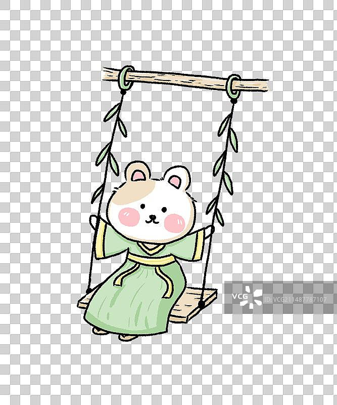 国风穿古装荡秋千的可爱熊熊手绘插画图片素材