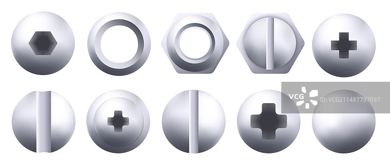 金属螺丝头图标，钢制螺栓螺母和钉子图片素材