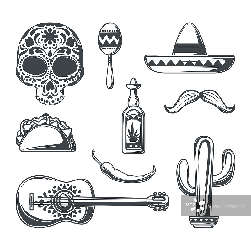 墨西哥元素：阔边帽、小胡子、龙舌兰酒图片素材