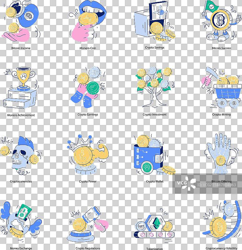 流行的加密货币涂鸦迷你图案图片素材