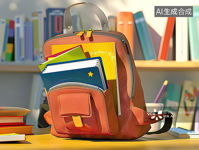 【AI数字艺术】卡通风格的课桌上的双肩书包插图图片素材