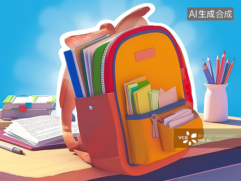 【AI数字艺术】卡通风格的课桌上的双肩书包插图图片素材
