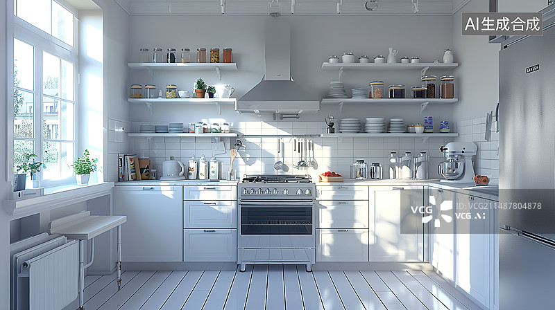【AI数字艺术】科技感厨房场景 白色冷色调 现代式环境 有智能科技感 画面简洁图片素材