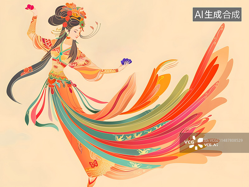 【AI数字艺术】纯色背景下跳舞的古装美女插画图片素材
