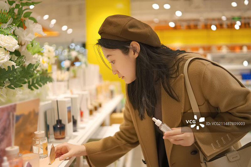 年轻女子在化妆品店选购香水图片素材