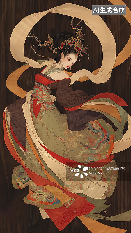 【AI数字艺术】唐卡风插图，敦煌飞天舞，神女飞天图片素材