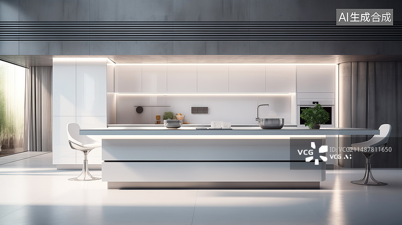 【AI数字艺术】3D未来科技感餐厅厨房背景壁纸图片素材
