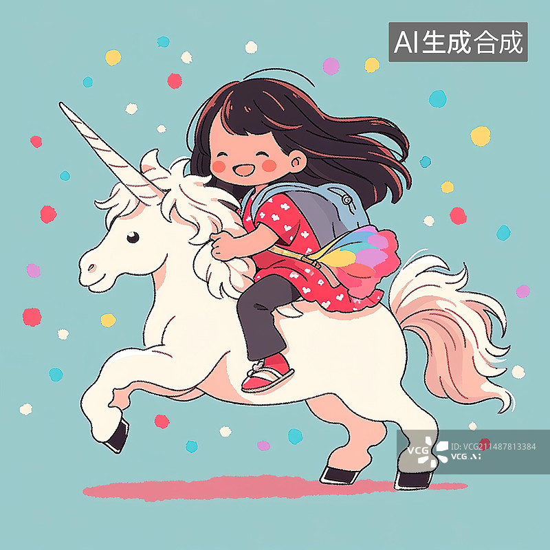 【AI数字艺术】可爱女孩骑着独角兽卡通插画图片素材