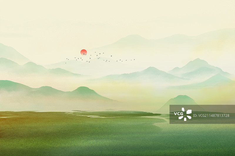 中国风古典水墨丹青山水风光 小清新水彩风格风景插画 横版图片素材