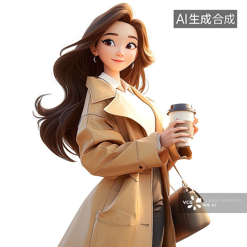 【AI数字艺术】3D人物插画——一个拿着咖啡杯的女孩图片素材