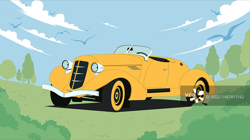 夏天出行旅游老爷车插画图片素材
