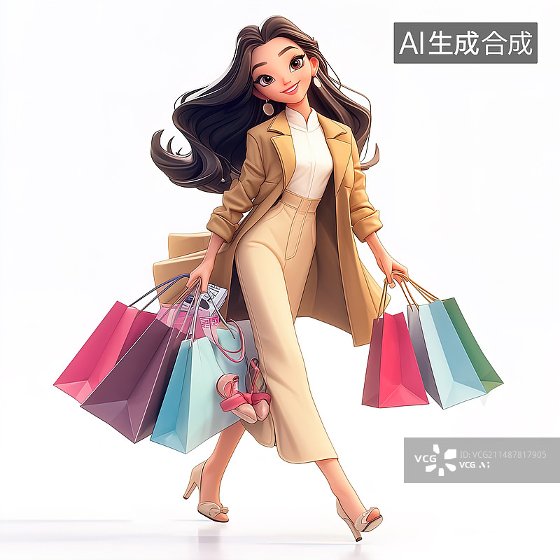 【AI数字艺术】3D人物插画——拎着购物袋的时尚女性图片素材