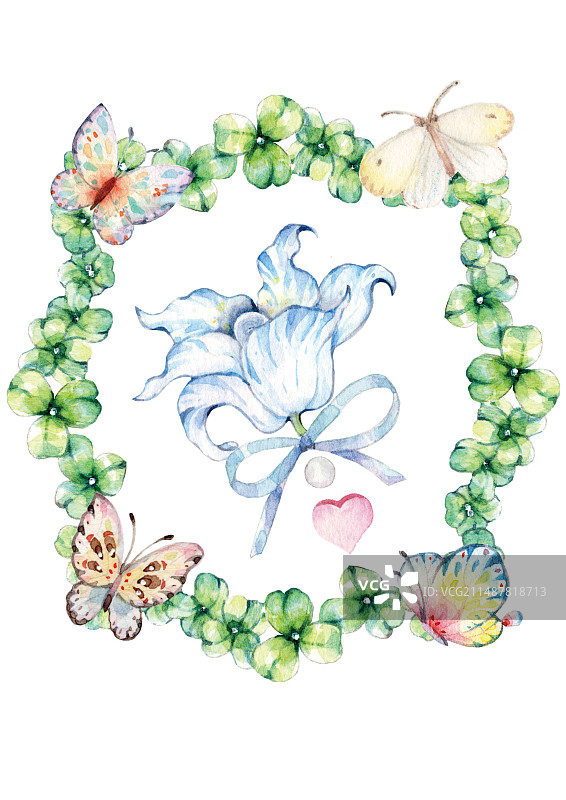 白色背景上的蝴蝶鲜花绿植物特写镜头手绘插画图片素材