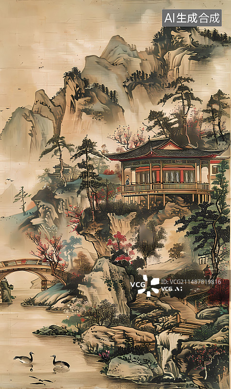 【AI数字艺术】中国风水墨山水古建筑插画图片素材