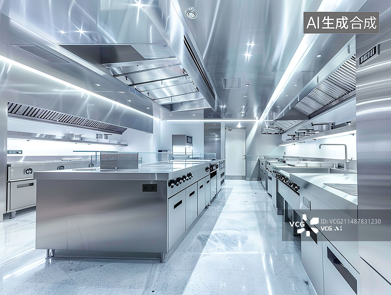 【AI数字艺术】明亮整洁的餐厅厨房内部图片素材