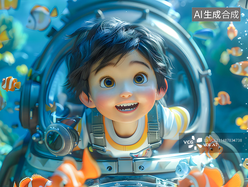 【AI数字艺术】男孩开玩具潜水艇,儿童节概念图图片素材