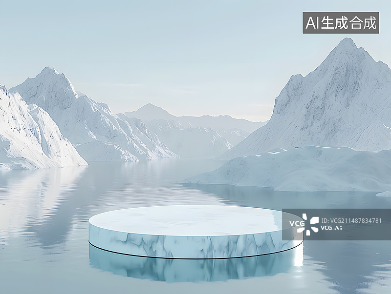 【AI数字艺术】宁静的雪山和湖面,产品展示台图片素材