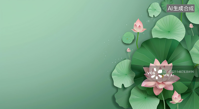 【AI数字艺术】夏天绿色淡雅粉色莲花荷花荷叶横版背景图片素材