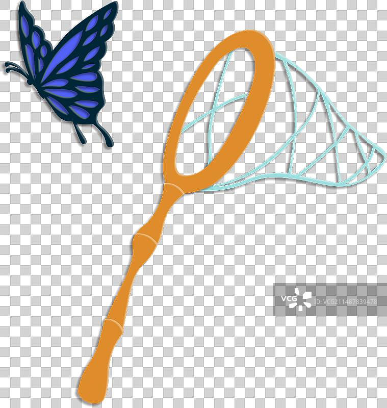 白色背景上蓝色蝴蝶和竹编网兜的特写镜头图片素材