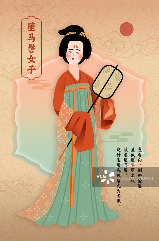 堕马髻女子手持团扇汉服古风唐装人物纹理质感竖版海报图片素材