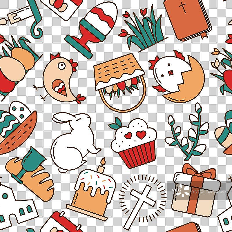 线性复活节和春季图标无缝图案图片素材