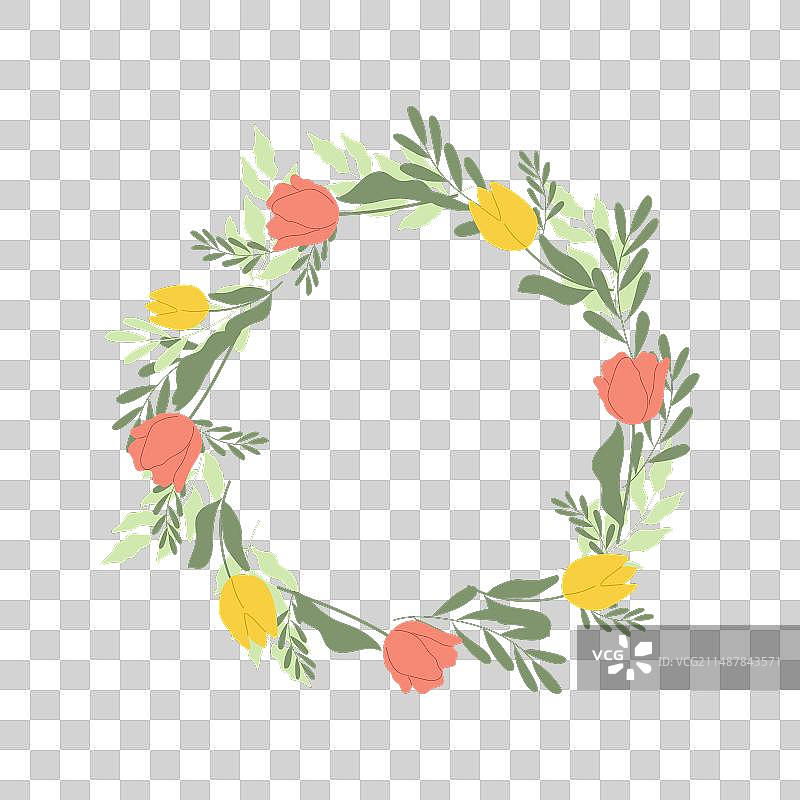 带有红色和黄色郁金香的优雅花环图片素材