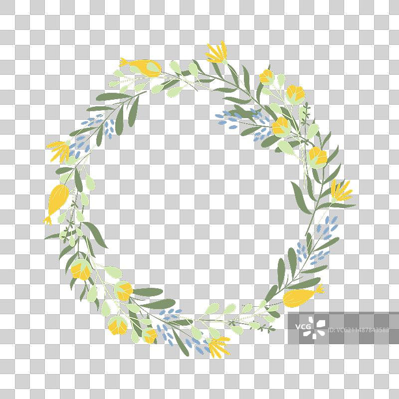 黄色和蓝色春花的装饰花环图片素材