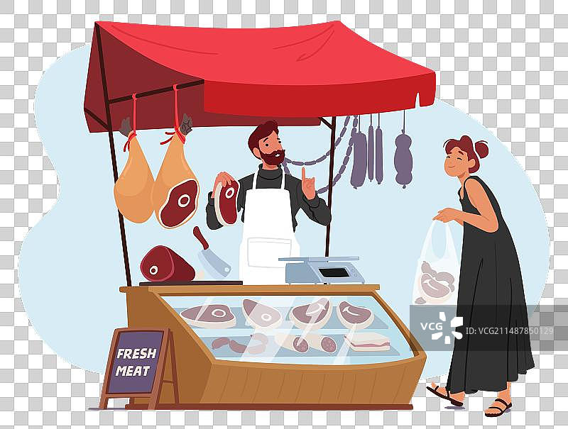 肉铺摊位上的农民自豪地举起一块肉图片素材