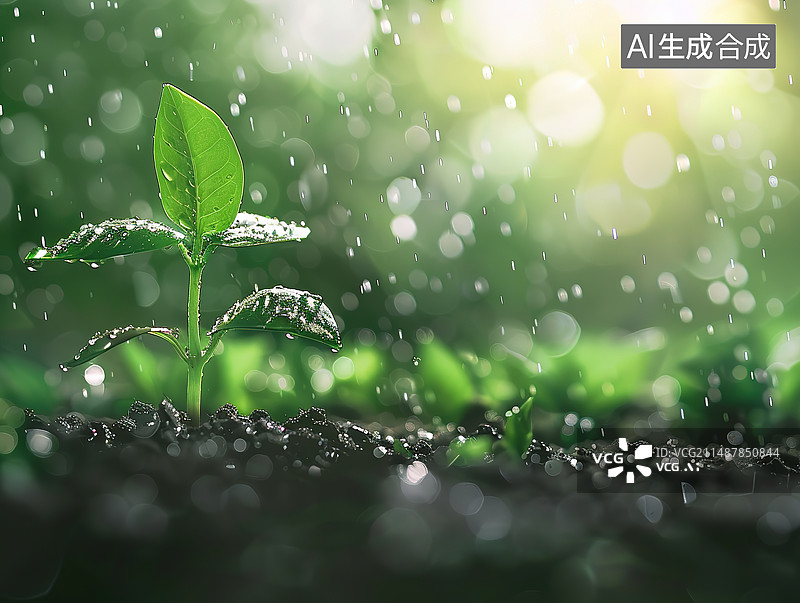 【AI数字艺术】雨滴落在树叶上的特写镜头图片素材