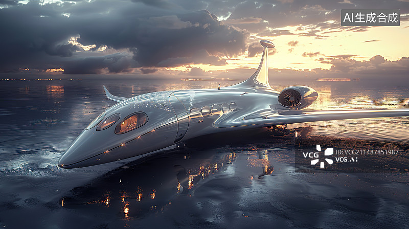 【AI数字艺术】日落时飞机机翼对天的景色图片素材