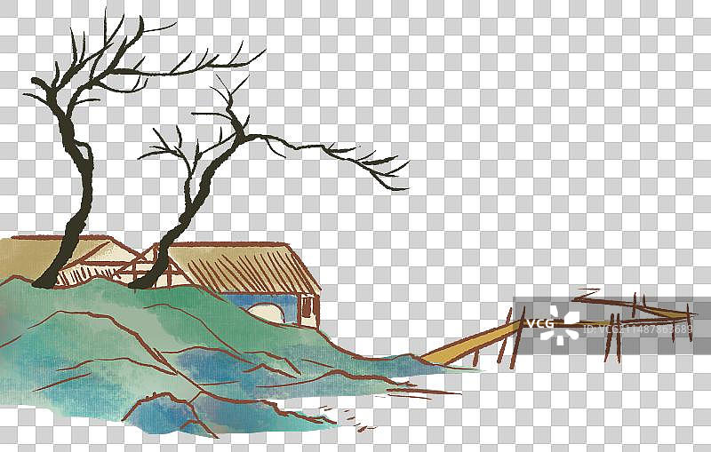 中国风新中式古风古典传统文化青绿山水画山川地理环境风景田园风光茅草屋房子插画图片素材